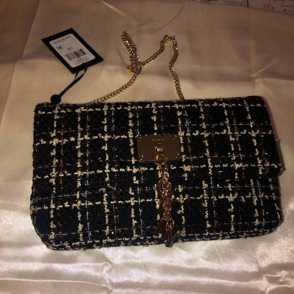 DKNY Cleo Clutch Black & Gold Tweed Gold Tone Chain & Logo Charm NWT - Picture 10 of 10